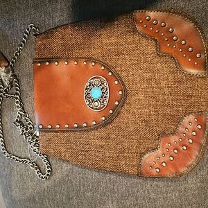 Western Brown Cowgirl Turquoise & Silver Accentsq Crossbody Canvas Tooled Han…